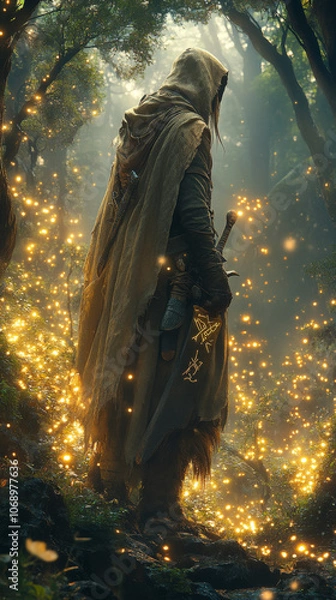 Fototapeta A Viking warrior on a spirit quest in a mystical forest, surrounded by ethereal lights and ancient trees.