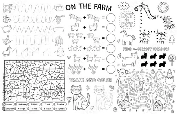 Fototapeta On the farm placemat with cute animals. Farm activity mat for kids with color by number, maze, dot to dot, math, trace the lines games. Vector illustration