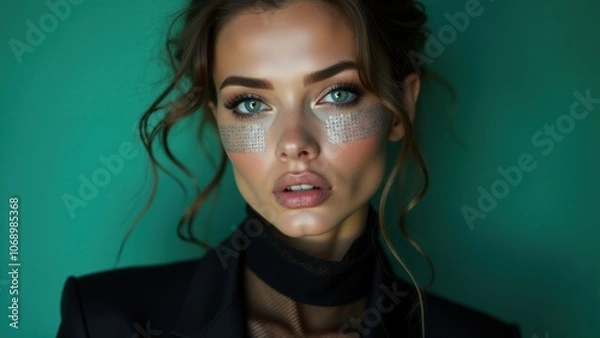 Fototapeta Artistic dot makeup design under eyes, creating a bold and expressive look for fashion editorials. Perfect for unique portrait photography.