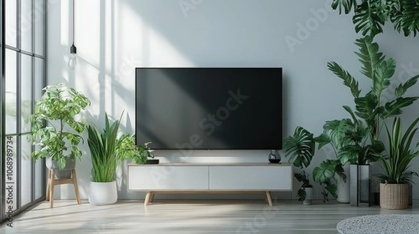 Fototapeta  High-definition smart TV with matte black finish tilted forward on minimalist white background; reflection-free design enhances sharpness, giving it a modern, sleek look.