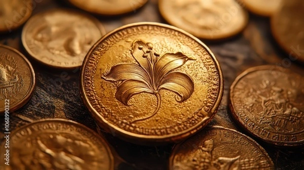 Fototapeta  Medieval European gold florin from Florence, minted in 14th century, displaying iconic lily symbol; fine etching and glow reflect opulence of Renaissance period.