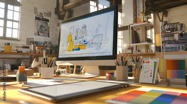 Fototapeta Creative workspace with computer, tablet, and art supplies.