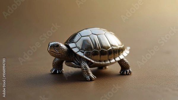 Fototapeta A small silver turtle figurine resting on a smooth brown surface, showcasing its shiny details and unique design.