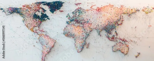 Fototapeta World map showing international connections with colorful pins and string
