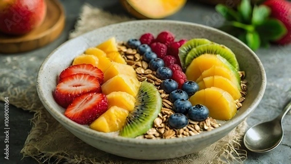 Fototapeta Bright and refreshing smoothie bowls filled with tropical fruits and vibrant colors, perfect for a healthy breakfast that’s as nourishing as it is beautiful.