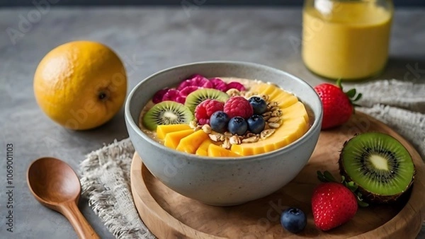 Fototapeta Bright and refreshing smoothie bowls filled with tropical fruits and vibrant colors, perfect for a healthy breakfast that’s as nourishing as it is beautiful.
