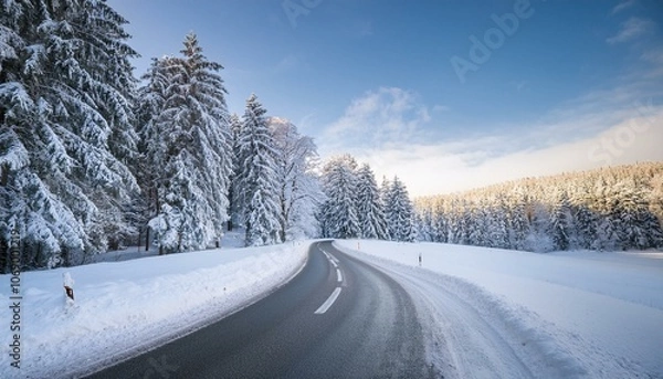 Fototapeta In a winter landscape in Germany, a snow-covered curve road and snow-covered trees.