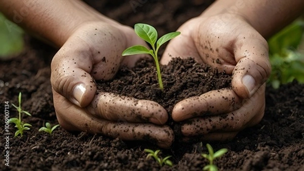 Fototapeta Close-up of hands gently holding soil with a small plant sprout, symbolizing growth, hope, and a commitment to the environment—a powerful concept of sustainability.