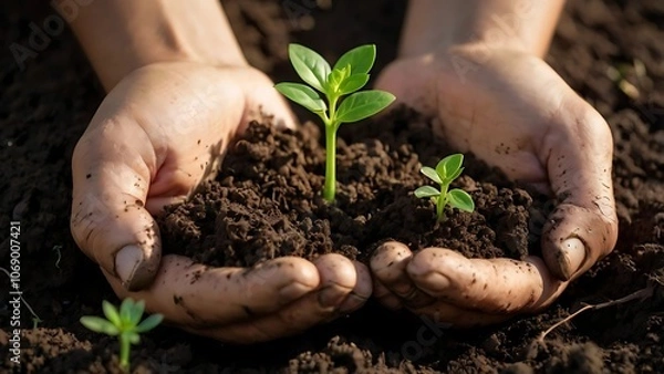 Fototapeta Close-up of hands gently holding soil with a small plant sprout, symbolizing growth, hope, and a commitment to the environment—a powerful concept of sustainability.