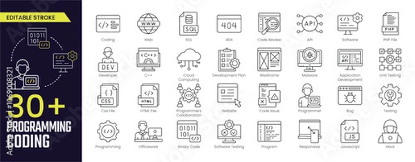 Fototapeta Programming Coding Stroke icon collections. Containing developer, programming, coding, code, technology, data, script, and more icons. Editable Stroke icon collection Outline icon