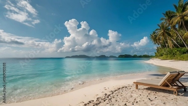 Fototapeta Idyllic tropical beach scene with turquoise waters and soft white sand, radiating a relaxing vibe—perfect for a serene escape into paradise.