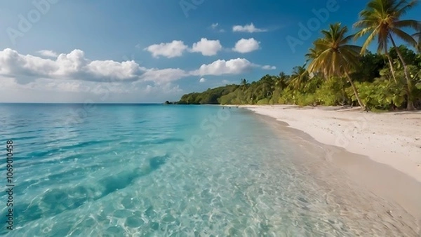 Obraz Idyllic tropical beach scene with turquoise waters and soft white sand, radiating a relaxing vibe—perfect for a serene escape into paradise.