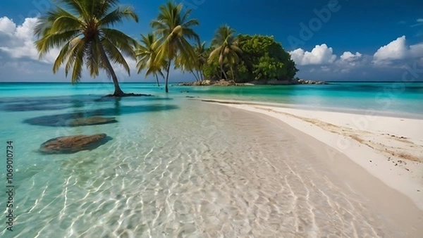 Fototapeta Idyllic tropical beach scene with turquoise waters and soft white sand, radiating a relaxing vibe—perfect for a serene escape into paradise.