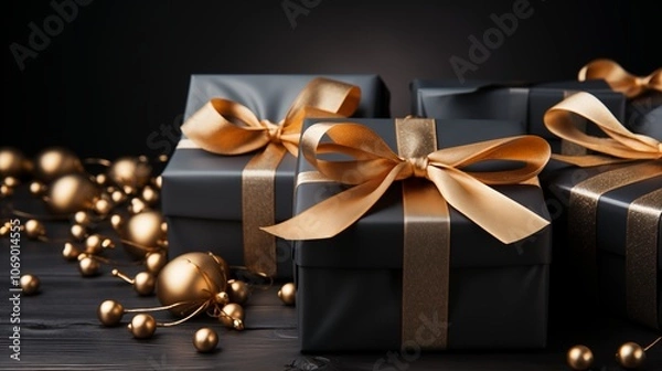 Fototapeta Black gift box with gold ribbon and blank card against a dark background, ideal for exclusive gifting moments.