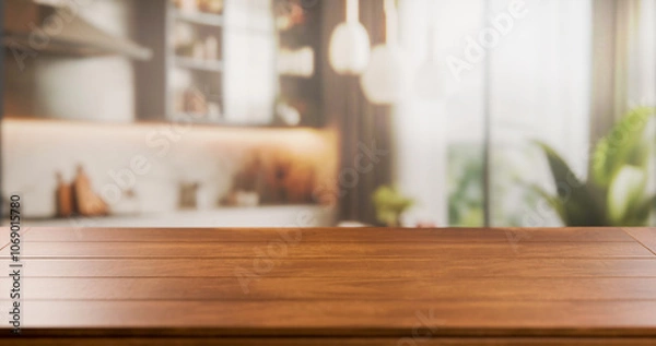 Fototapeta Blurred Kitchen Background with Wooden Table
