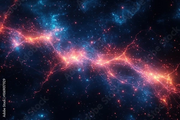 Fototapeta Abstract digital art background with blue and red glowing lines and particles on black background.