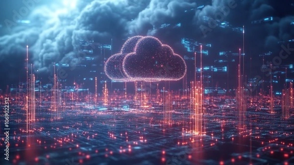 Fototapeta A glowing cloud computing symbol hovers over a digital cityscape, symbolizing the interconnectedness and vast potential of cloud technology.
