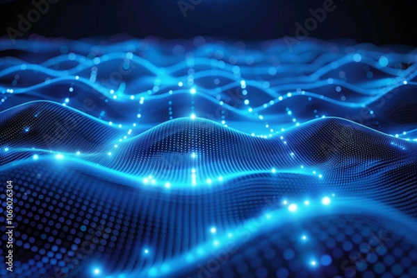 Fototapeta Blue futuristic digital landscape of interconnected nodes and waves illuminated by dynamic light points in a seamless mesh network
