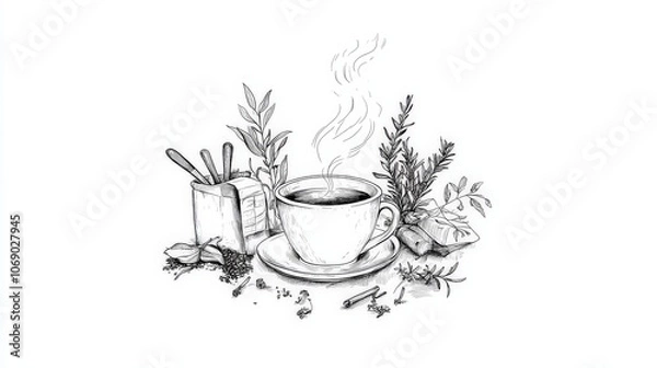Fototapeta A minimalist black-and-white illustration of a tea cup with steam rising, surrounded by simple outlines of tea leaves and herbs. 