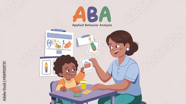 Obraz ABA (Applied Behavior Analysis) therapy session. Illustration a child sitting at a table engaging with therapist. The therapist holds up a flashcard, generative ai