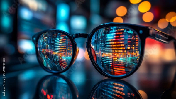 Fototapeta close up of stylish sunglasses reflecting vibrant cityscape with colorful lights, showcasing blend of technology and urban life