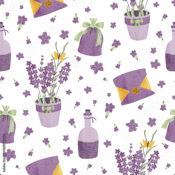 Fototapeta Provence lavender bouquet and rustic bottles pattern