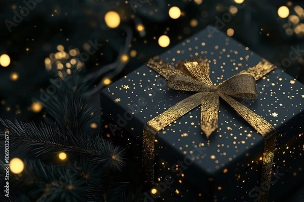 Fototapeta Elegant black gift box with a gold ribbon is lying under a Christmas tree with warm lights, creating a cozy and festive atmosphere