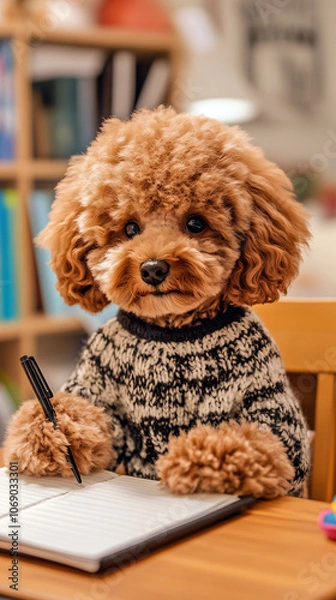 Fototapeta  Adorable Fluffy Brown Poodle Puppy in Sweater Sitting at Desk with Books and Study Materials, Creating a Playful and Studious Ambiance