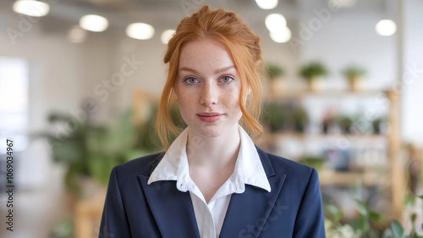 Fototapeta A young female with red hair and freckles, dressed in a navy business suit, stands confidently in a bright, airy office environment filled with plants.