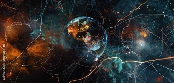 Fototapeta Digital Earth Surrounded by Glowing Networks in Space