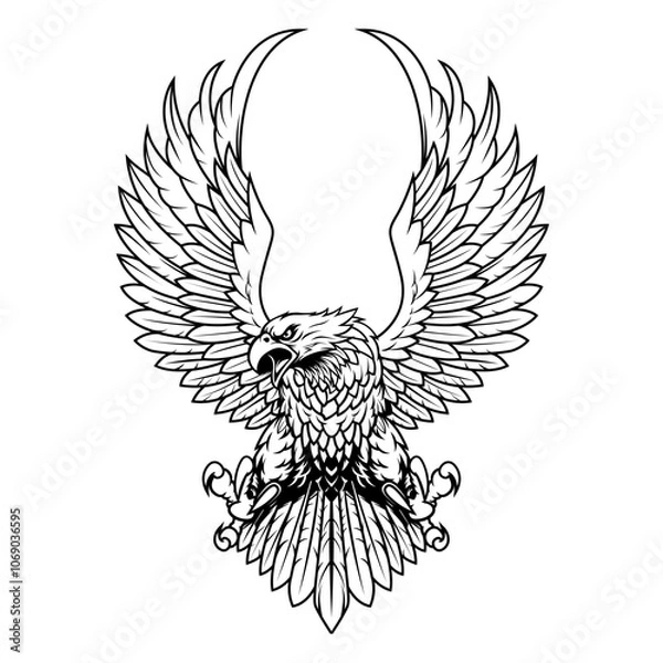 Fototapeta an eagle flying with an angry face vector illustration on white background. black and white vector illustration