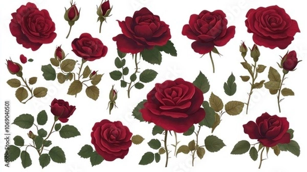 Fototapeta Elegant Red Rose Floral Illustration Set