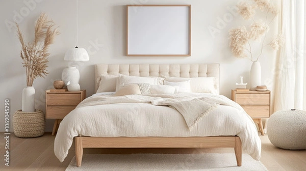 Fototapeta A serene bedroom featuring cozy bed with neutral bedding, wooden furniture, and decorative plants, creating calming atmosphere
