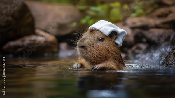 Fototapeta capybara enjoying the hot springs