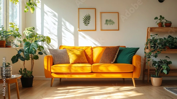 Fototapeta Bright and inviting, this modern living room features vibrant orange sofa adorned with colorful cushions, surrounded by lush greenery and stylish decor. Natural light enhances cozy atmosphere