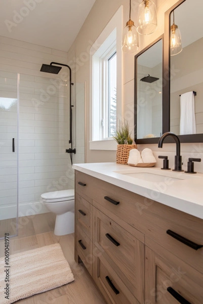 Fototapeta Modern bathroom design features stylish shower, sleek fixtures, and natural elements. warm wood tones and clean lines create serene atmosphere perfect for relaxation