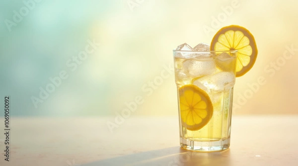 Fototapeta Refreshing glass of iced lemonade with lemon slices and condensation droplets