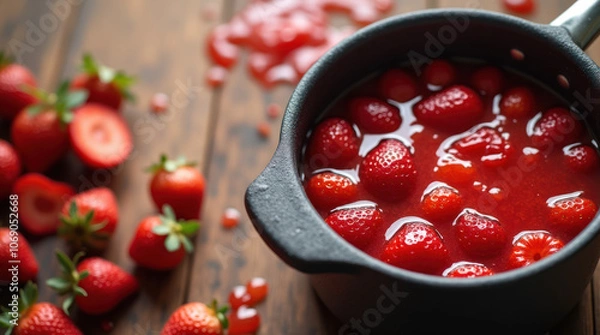 Fototapeta Strawberries boiling in a pot to create homemade jam on a rustic wooden table