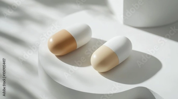 Obraz Two beige and white capsules rest on a white surface, bathed in soft sunlight.