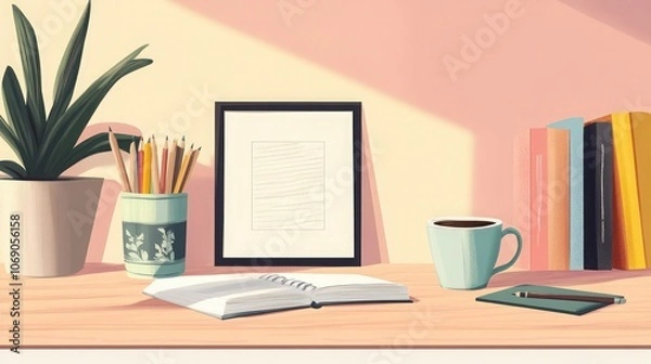 Fototapeta A cozy workspace with a book, pencils, a cup of coffee, and a framed picture.