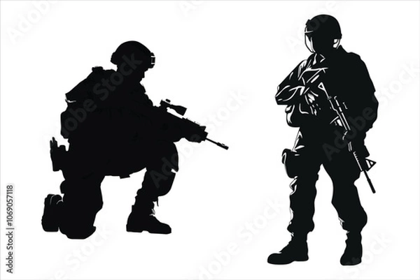 Fototapeta Military Force Soldier With Weapons Silhouette Bundle Set on a White Background
