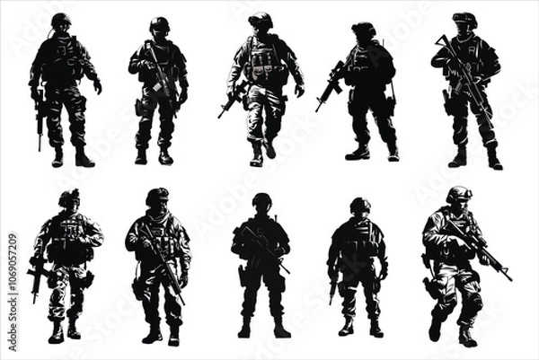 Fototapeta Military Force Soldier With Weapons Silhouette Bundle Set on a White Background