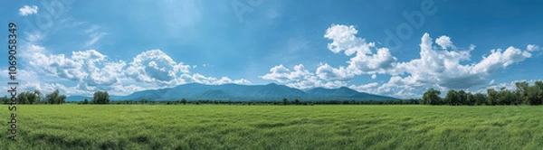 Fototapeta Panoramic view of lush green field under bright blue sky with fluffy clouds and distant mountains, evoking sense of tranquility and natural beauty