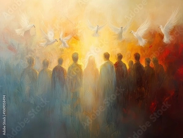 Fototapeta Modern Pentecost interpretation: apostles receiving Holy Spirit, abstract light, doves soaring above, soft, calm colors, fire as symbolic energy, meditative scene
