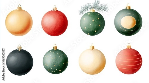 Fototapeta Festive watercolor baubles in different shapes and sizes, painted in gold, red, and green, against a white background. 8K