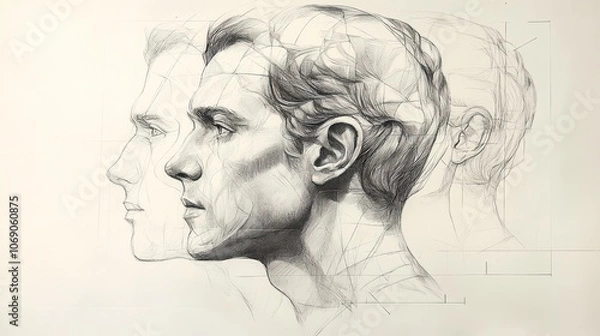 Obraz A detailed pencil drawing of a man's face in profile, with two additional faces overlaid on top of the main one, creating a three-dimensional effect.