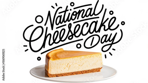 Obraz National cheesecake day lettering and piece of cheesecake on plate illustration, party greeting card, calligraphy poster, generative AI