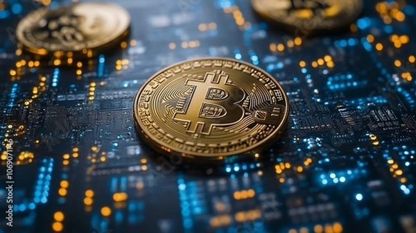 Fototapeta Close-up of a golden Bitcoin cryptocurrency coin on a circuit board with a blue and orange background.