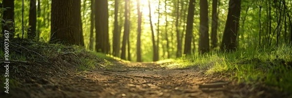Fototapeta A dirt path through the forest with sunlight filtering through, evoking serenity and invite for exploration.