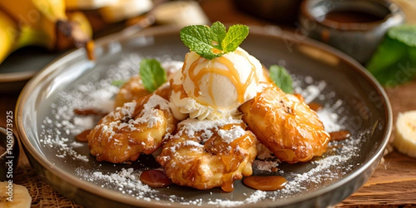 Fototapeta Crispy banana fritters with vanilla ice cream and caramel sauce on a vintage plate for an indulgent treat